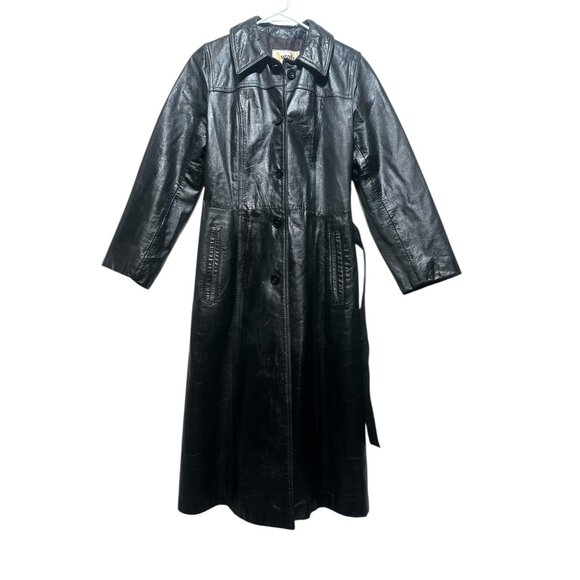 Avanti Leather Long Trench Coat Womens Medium Black Waist belt Matrix Grunge 70s - Picture 4 of 16
